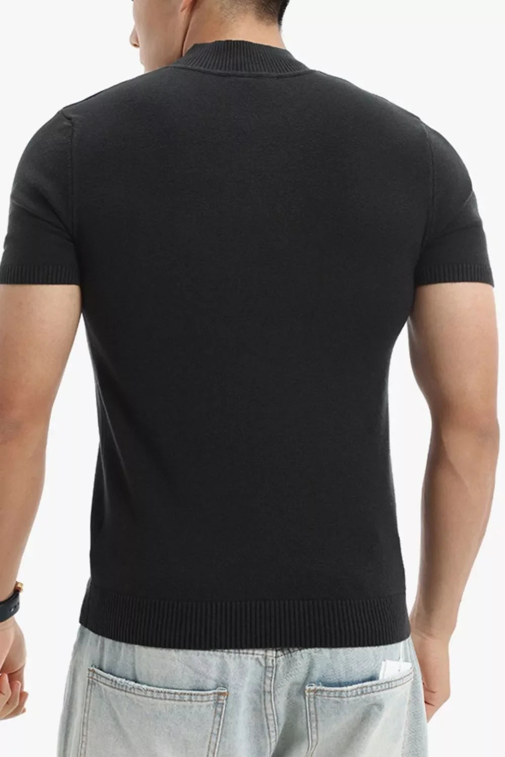 Men's slim-fit short-sleeve sweater with ribbed turtleneck, black knit (back)