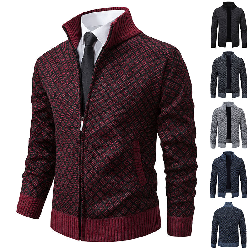 Men's plaid knit zip jacket with stand collar, wine red pattern and dark zipper trim
