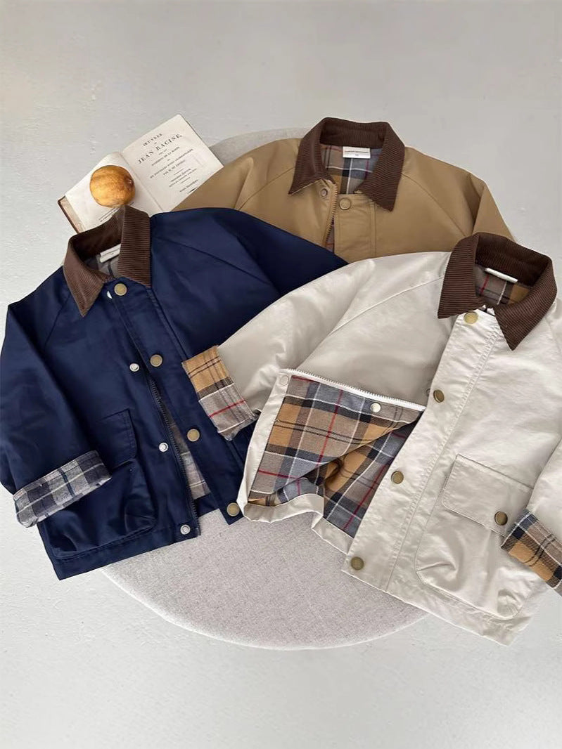 Kids plaid patchwork jackets in navy, white, and beige with button fronts