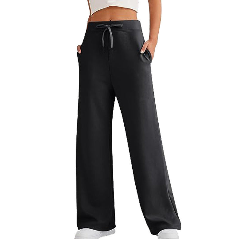 Women's black wide-leg pants with elastic drawstring waist and side pockets