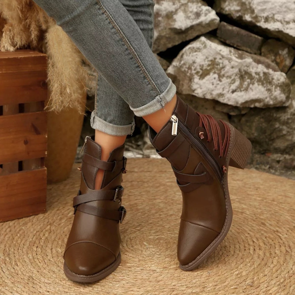 Dark brown point-toe ankle boots with buckle straps and block heels