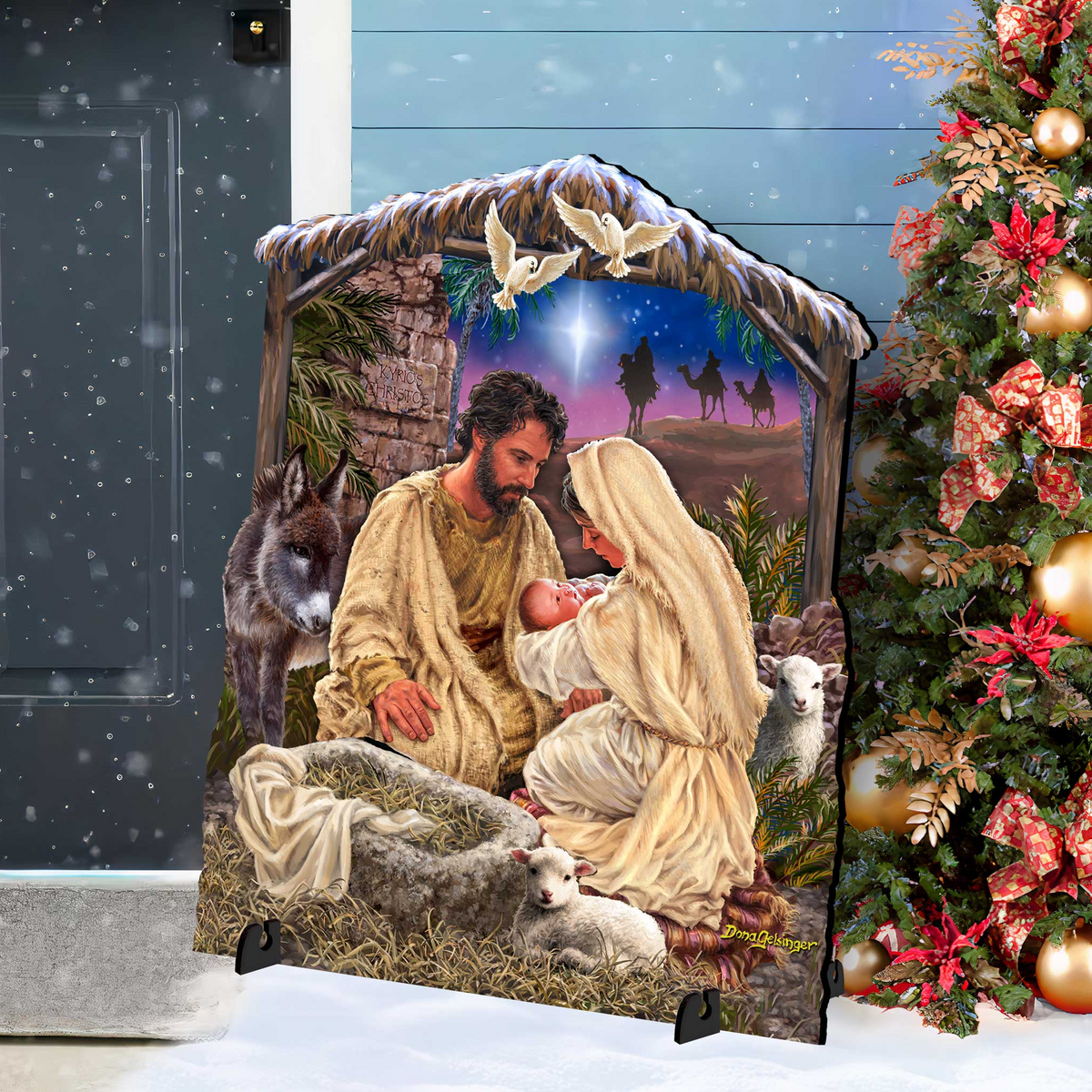 Outdoor nativity yard decor with nativity scene under arch frame and animals, stable style