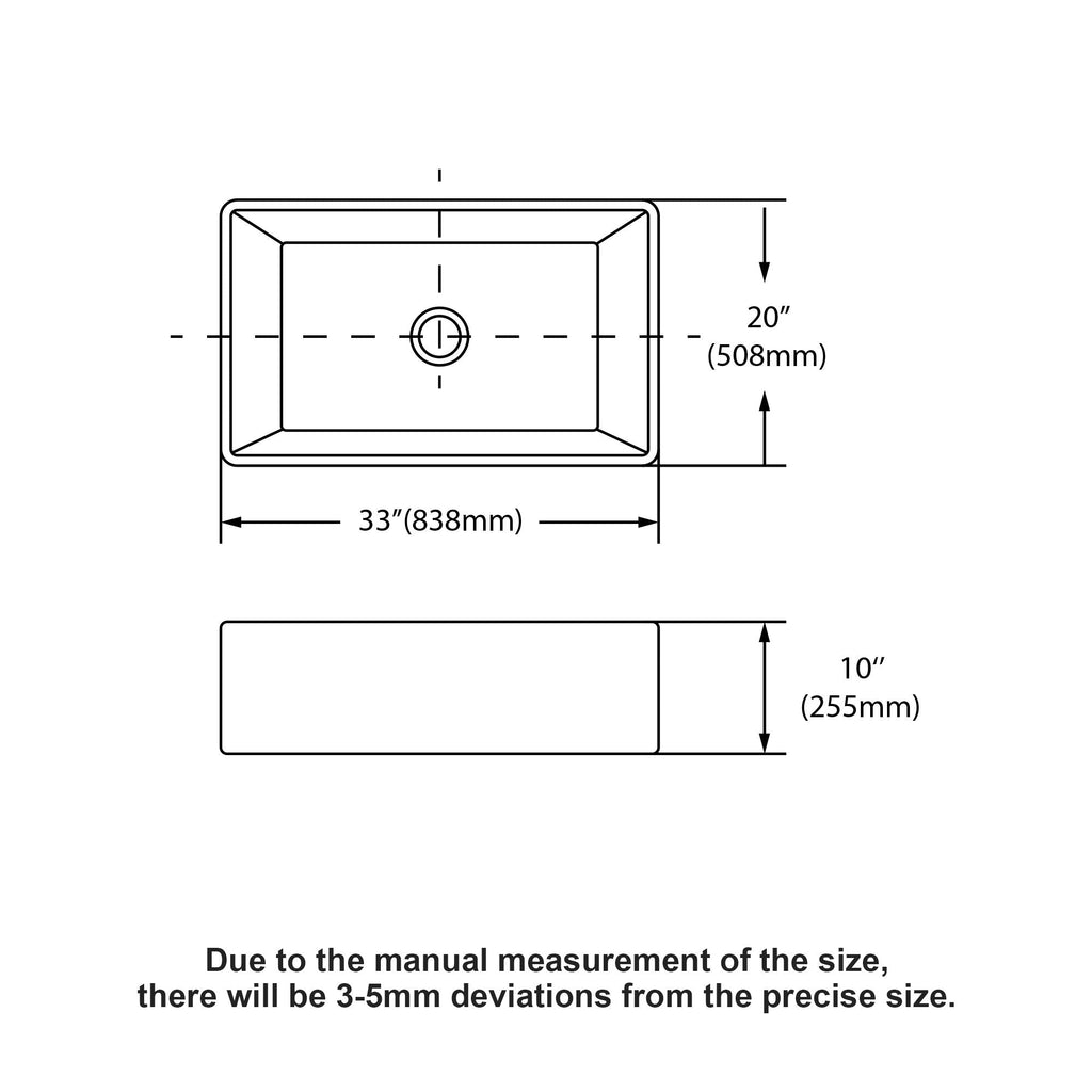 Kitchen sink size diagram: 33 in wide, 20 in high, 10 in deep single-bowl basin