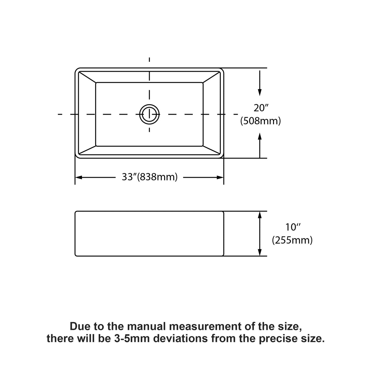 Kitchen sink size diagram: 33 in wide, 20 in high, 10 in deep single-bowl basin