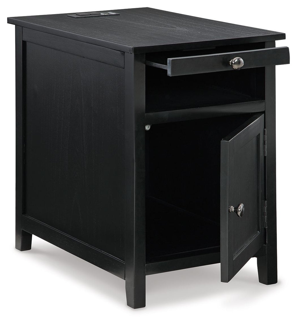 Dark wood chair side end table with drawer, open shelf, and round metal pulls