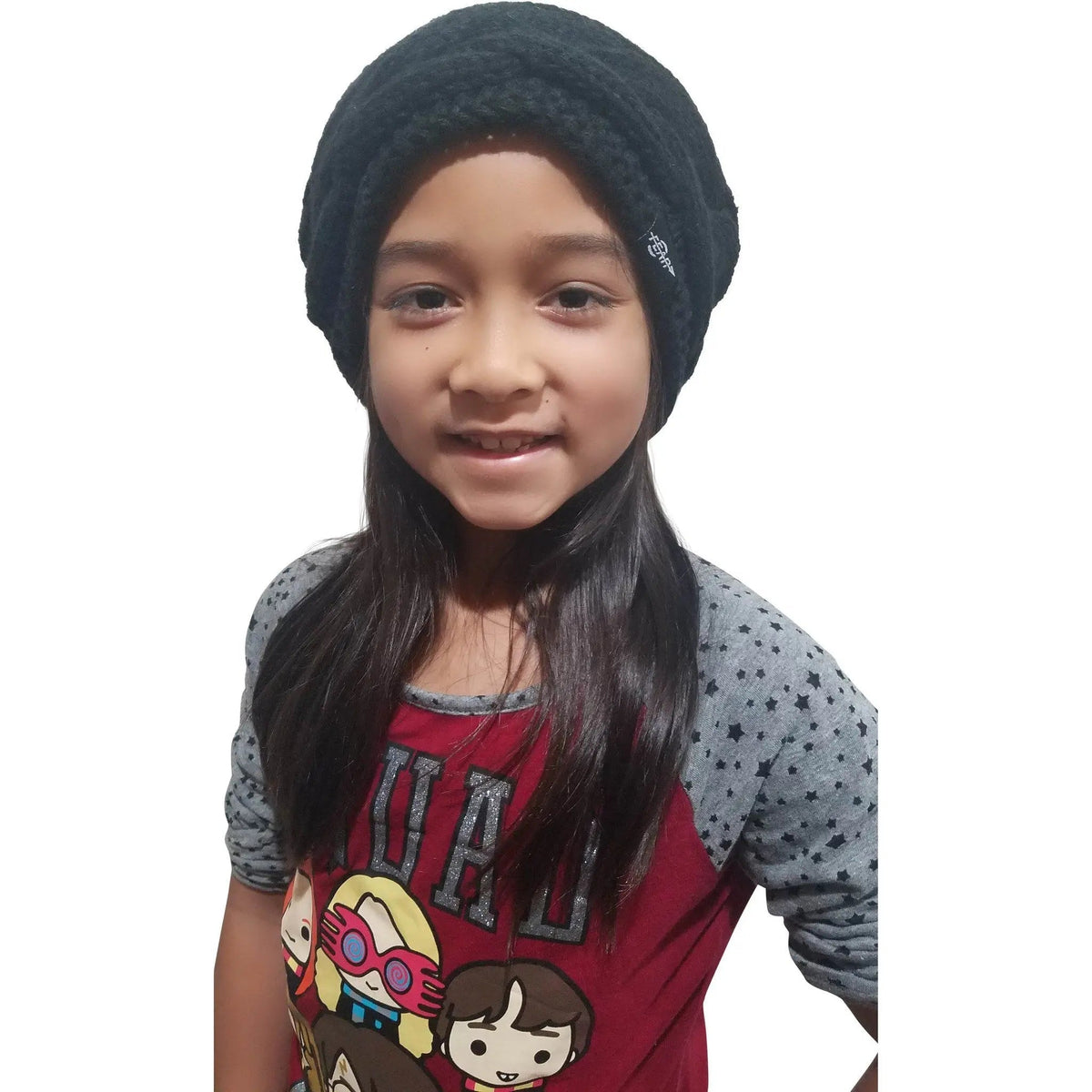 Dark knit slouch beanie hat with small logo patch