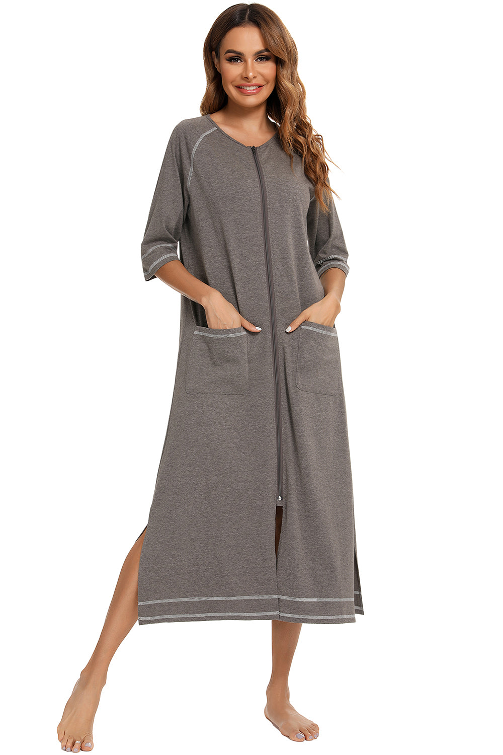 Heather gray zip-up night dress with round neck, pockets, and side slit hem with contrast trim