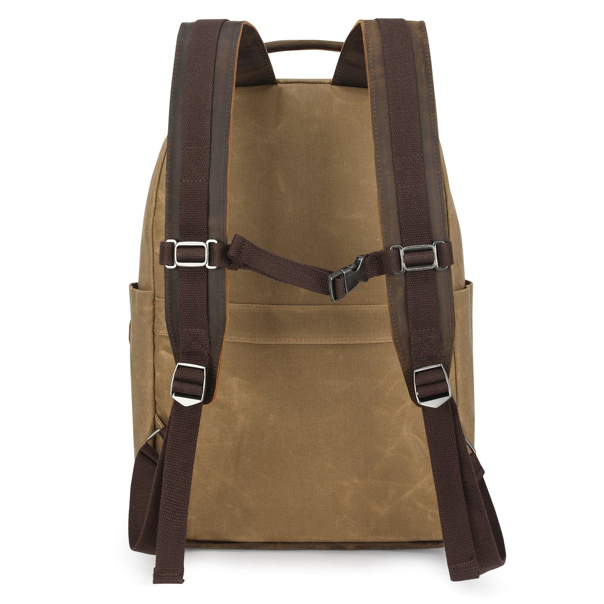 Tan backpack with brown webbing straps and adjustable shoulder buckles