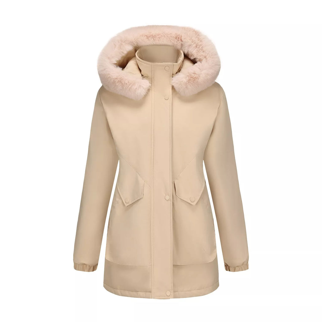 Khaki fur-trim hooded parka with quilted panels and faux-fur lined hood