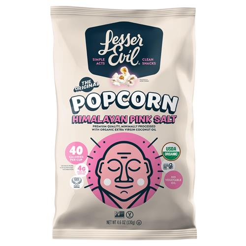 Organic Himalayan pink salt popcorn snack bag, front view, 4.6 oz