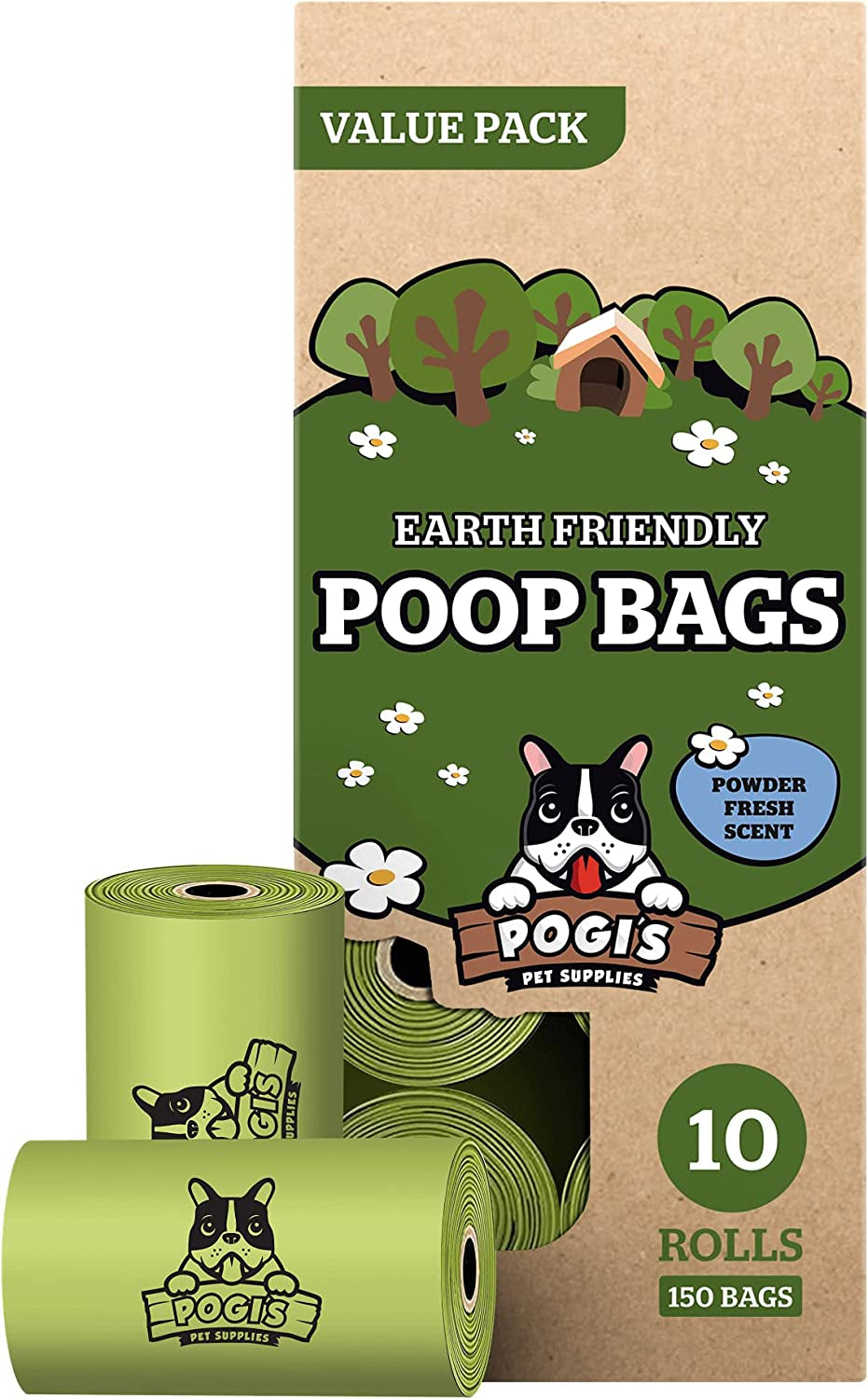 Scented, earth-friendly dog poop bags value pack: 10 rolls (150 bags) in kraft box