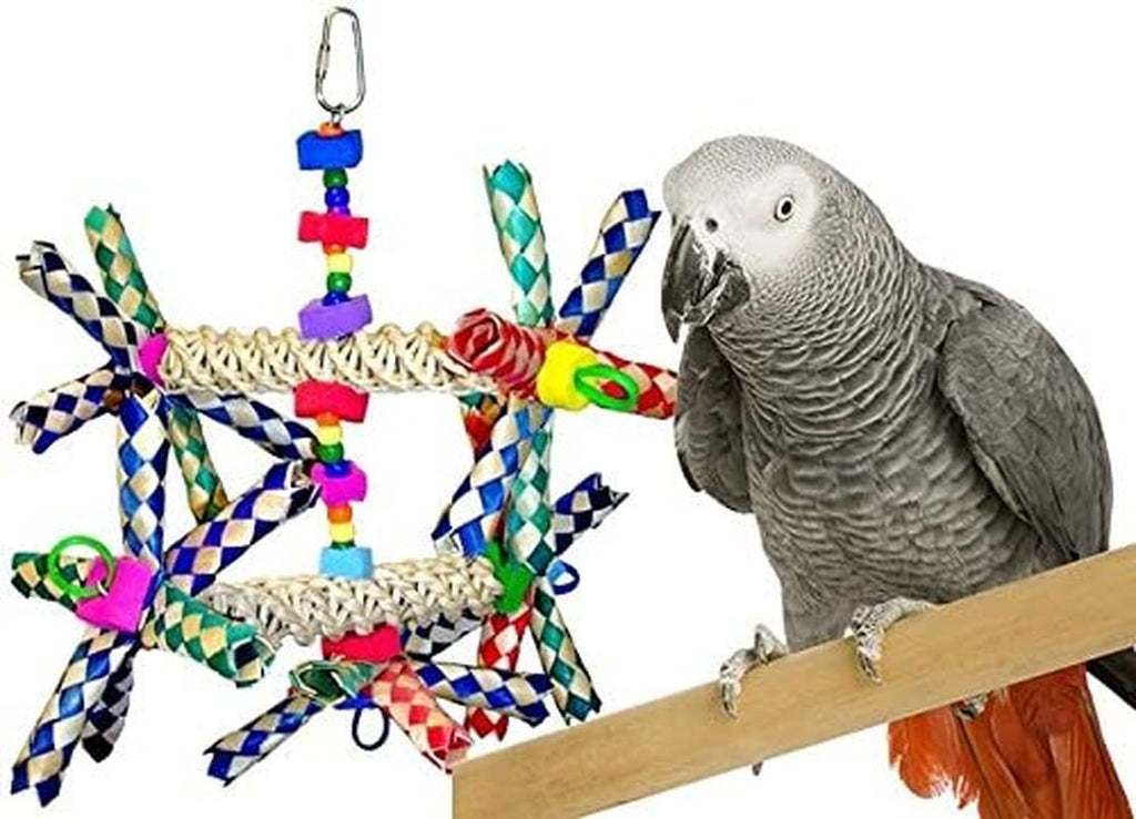 Wide parrot toy with two woven bars, colorful braided strips, beads and a hanging clip