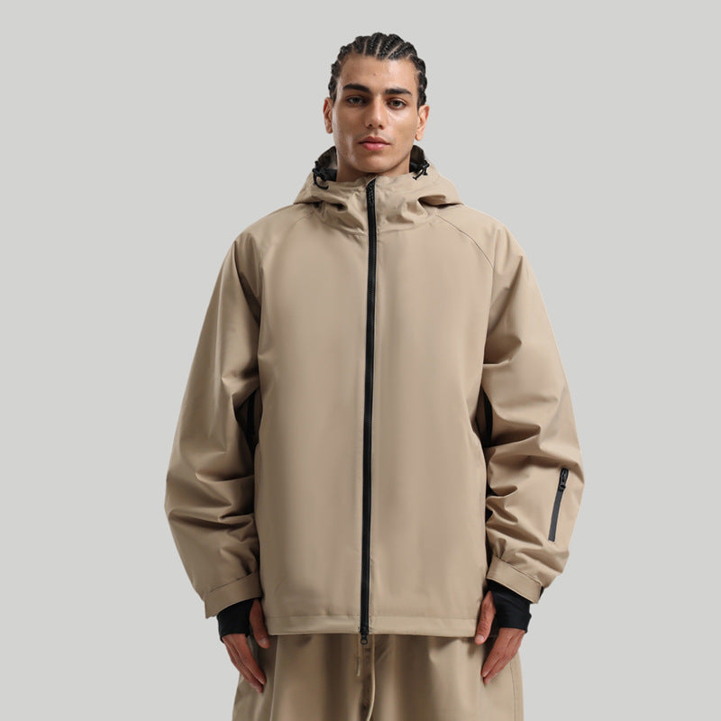 Women's solid-color professional ski suit jacket, tan beige with black zipper