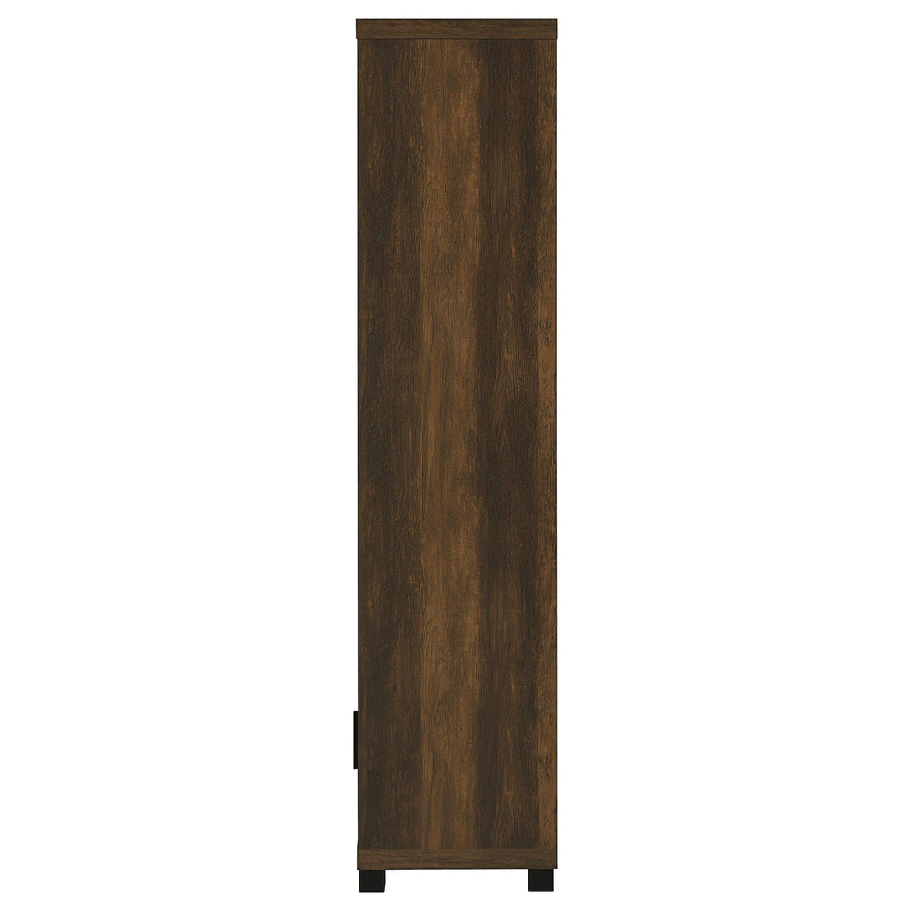 Dark pine media tower side view with cabinet door and stacked shelves
