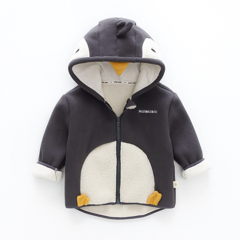 Dark gray baby hooded velvet jacket with penguin face, full front zipper