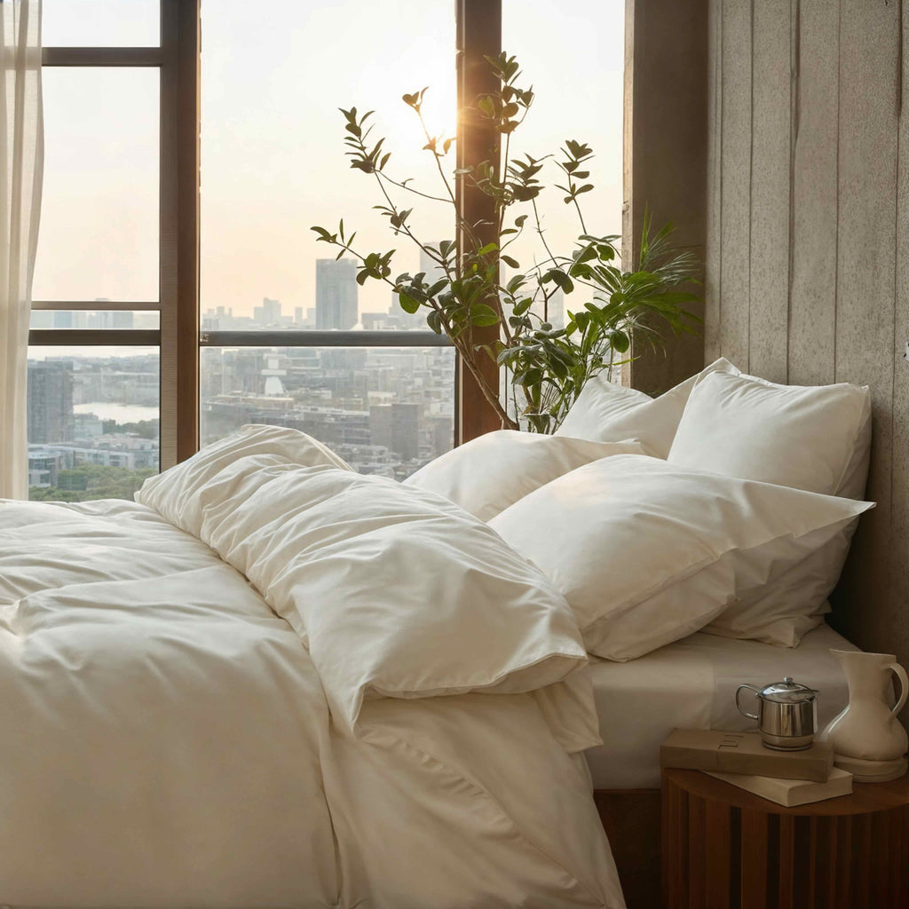 Ivory sateen sheet set with pillowcases and flat bedding on a bed