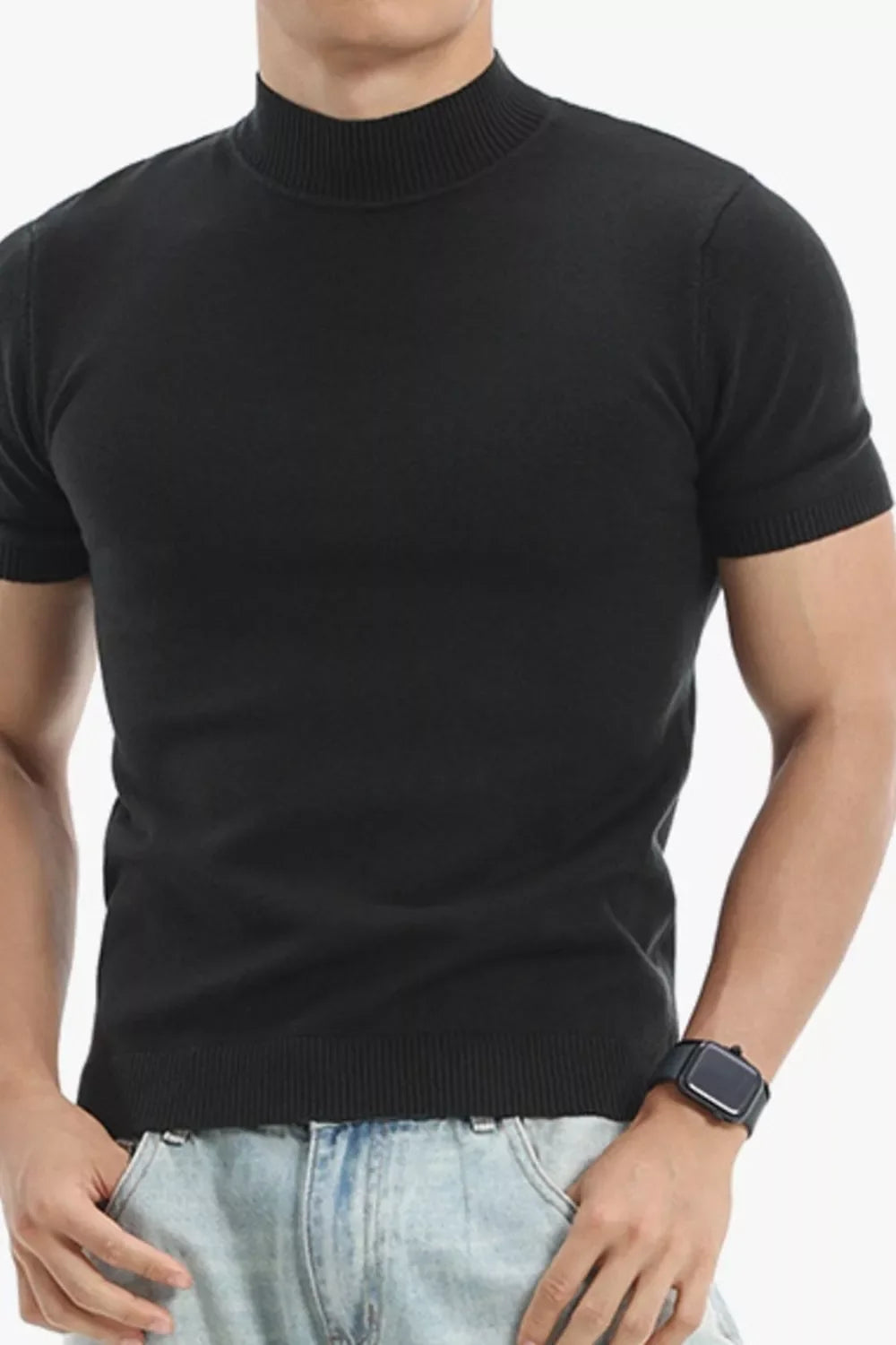 Men's slim-fit short-sleeve sweater with ribbed turtleneck, black knit
