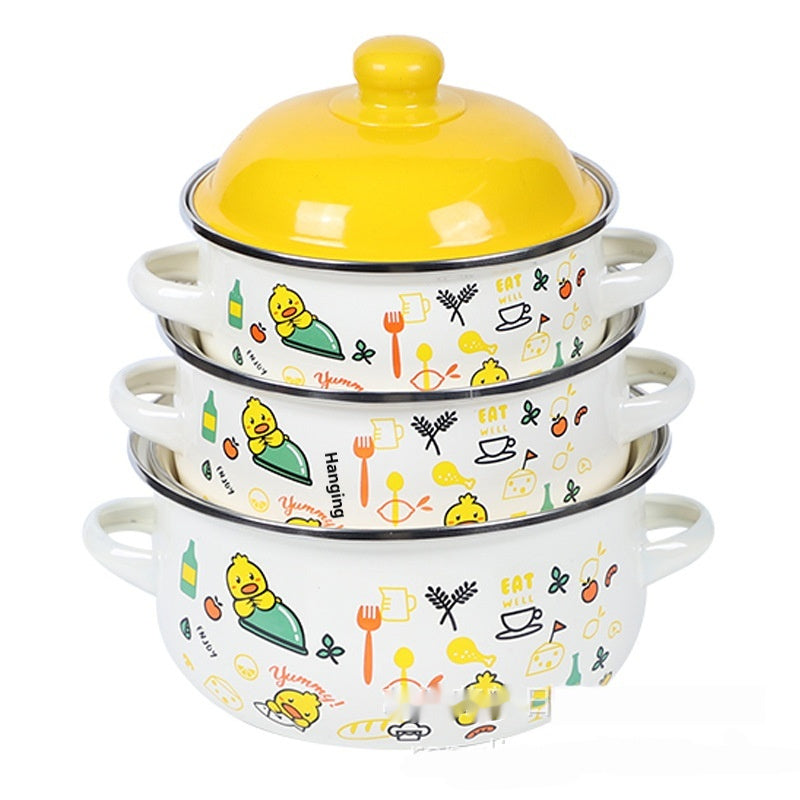 Enameled noodle bowl set with yellow lid and kitchen-themed animal cartoon print.