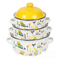 Enameled noodle bowl set with yellow lid and kitchen-themed animal cartoon print.