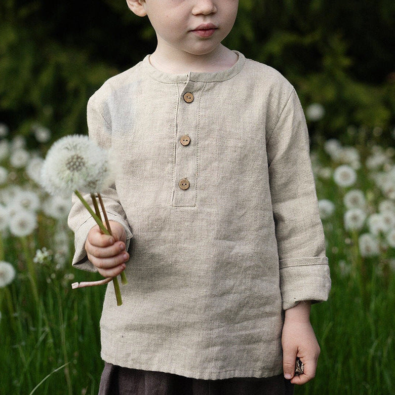 Boys hemp-color cotton-linen long-sleeve shirt with half-open collar and front buttons