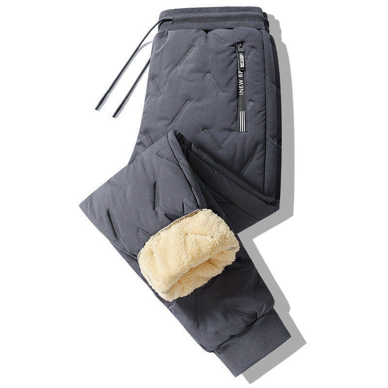 Men's gray fleece sweatpants with drawstring waist and sherpa-lined ankle cuffs
