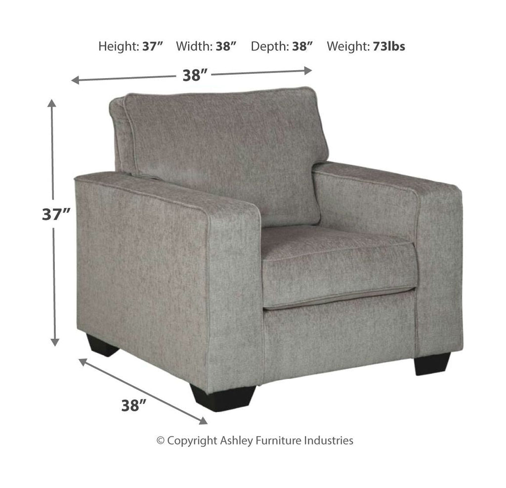 Light gray upholstered armchair with height and width dimensions