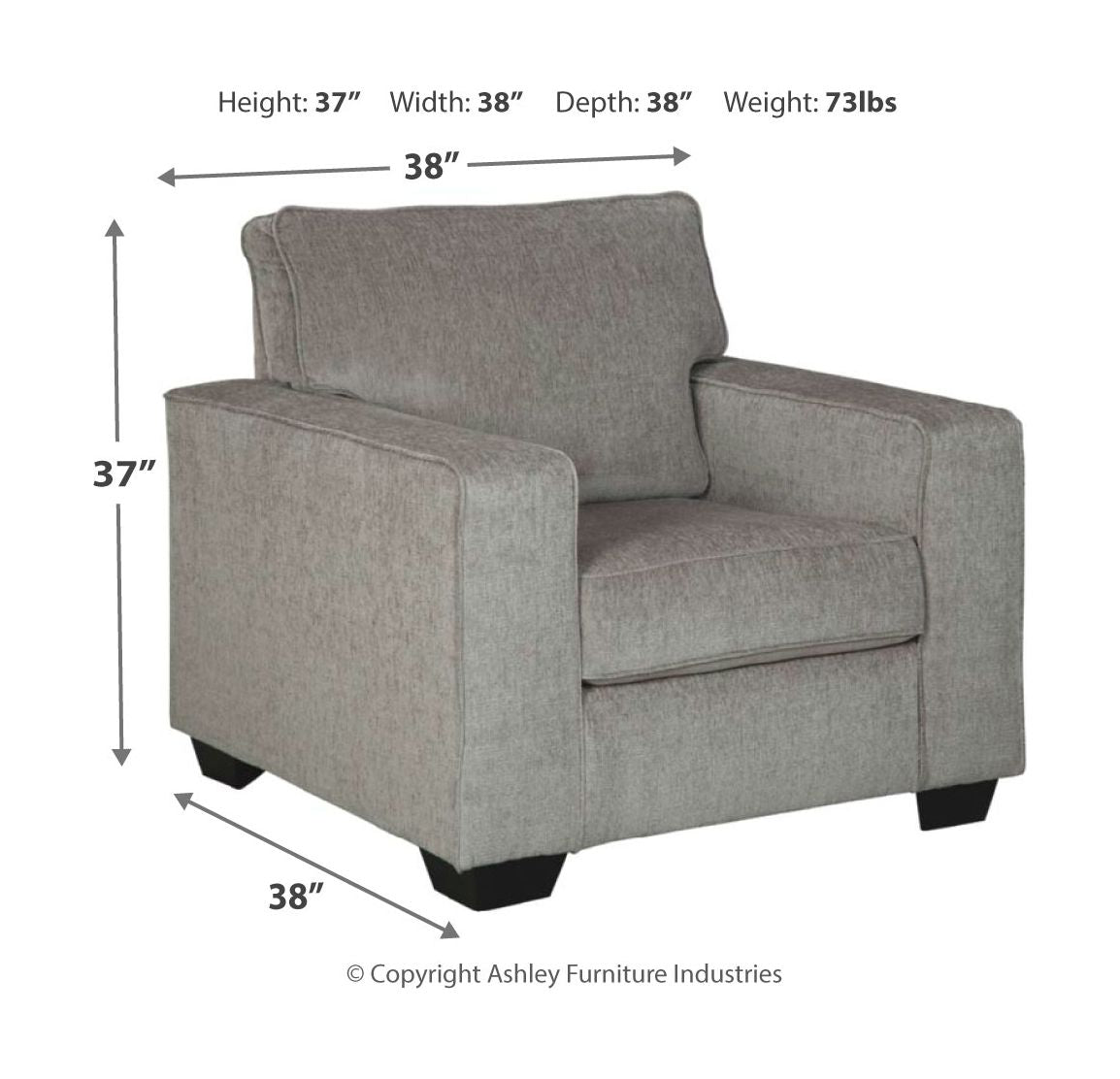 Light gray upholstered armchair with height and width dimensions