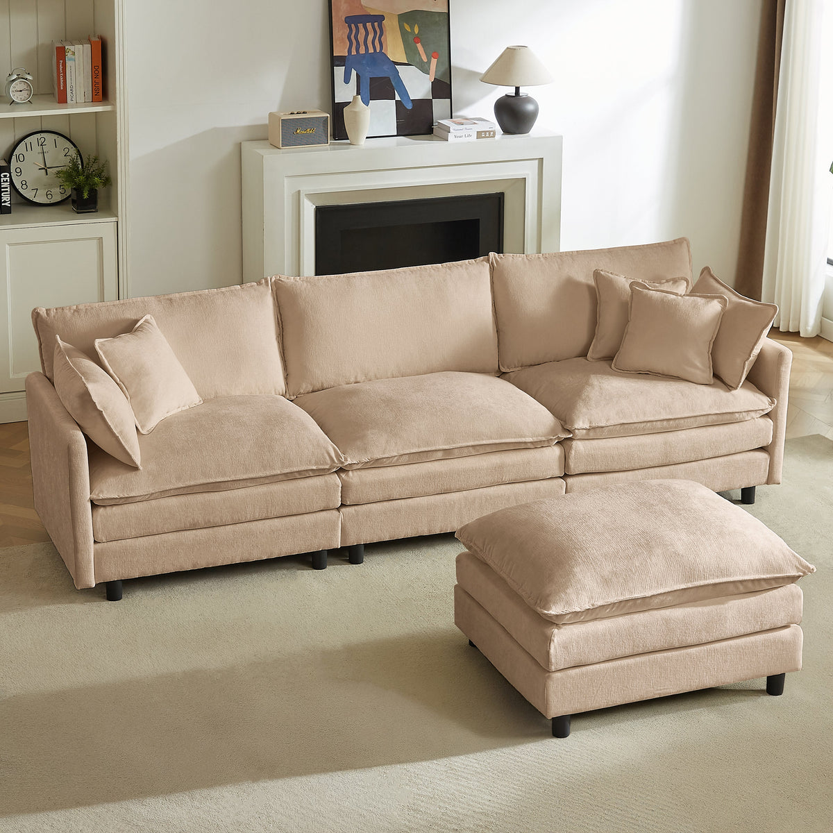 Beige sectional sofa with chaise extension and four throw pillows, plush seat cushions.