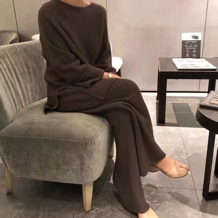 Knitted sweater and wide-leg pants set, dark brown, ribbed knit, relaxed fit