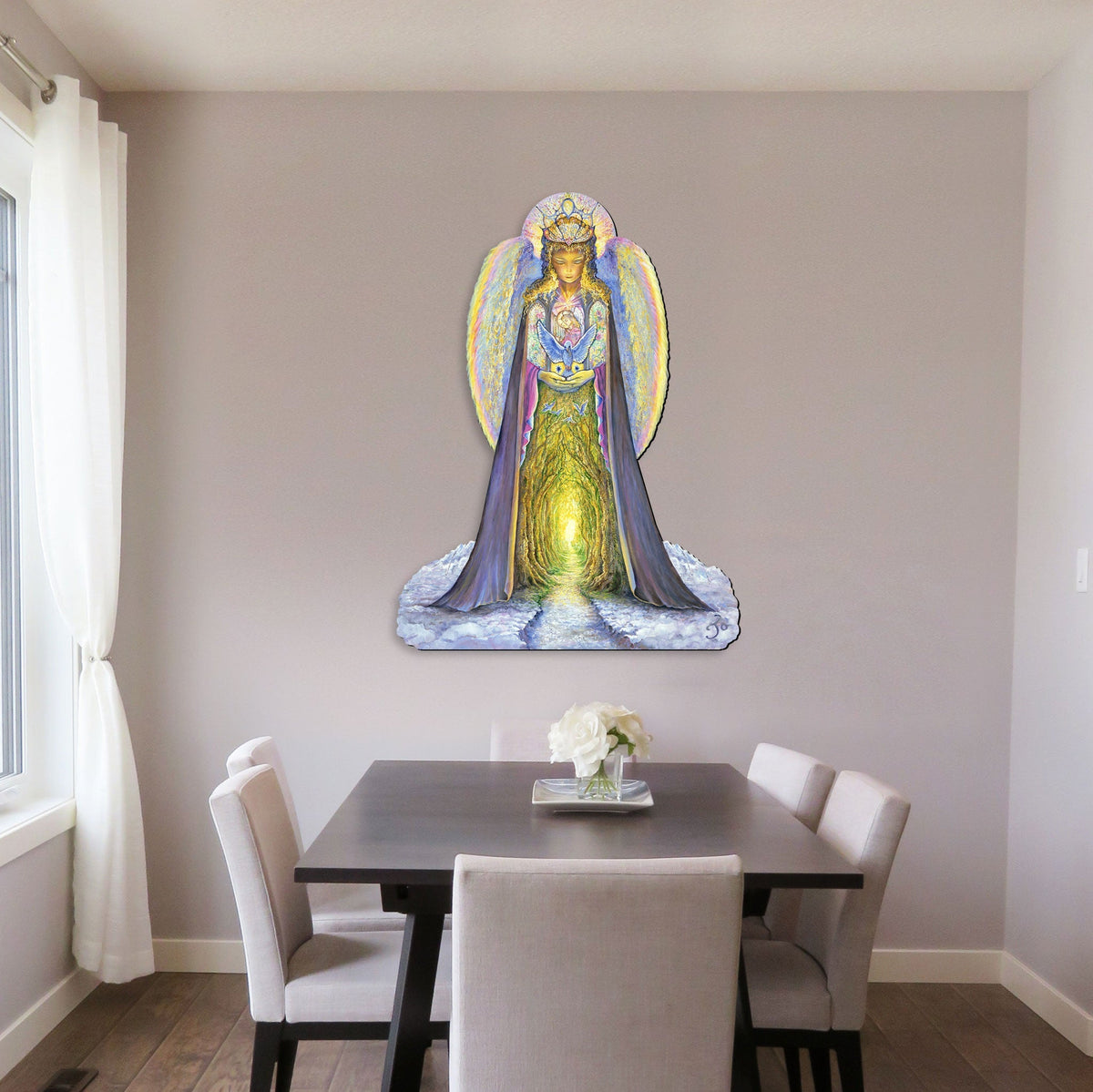 Angel yard sign wall display showing glowing gold robe and blue-winged figure