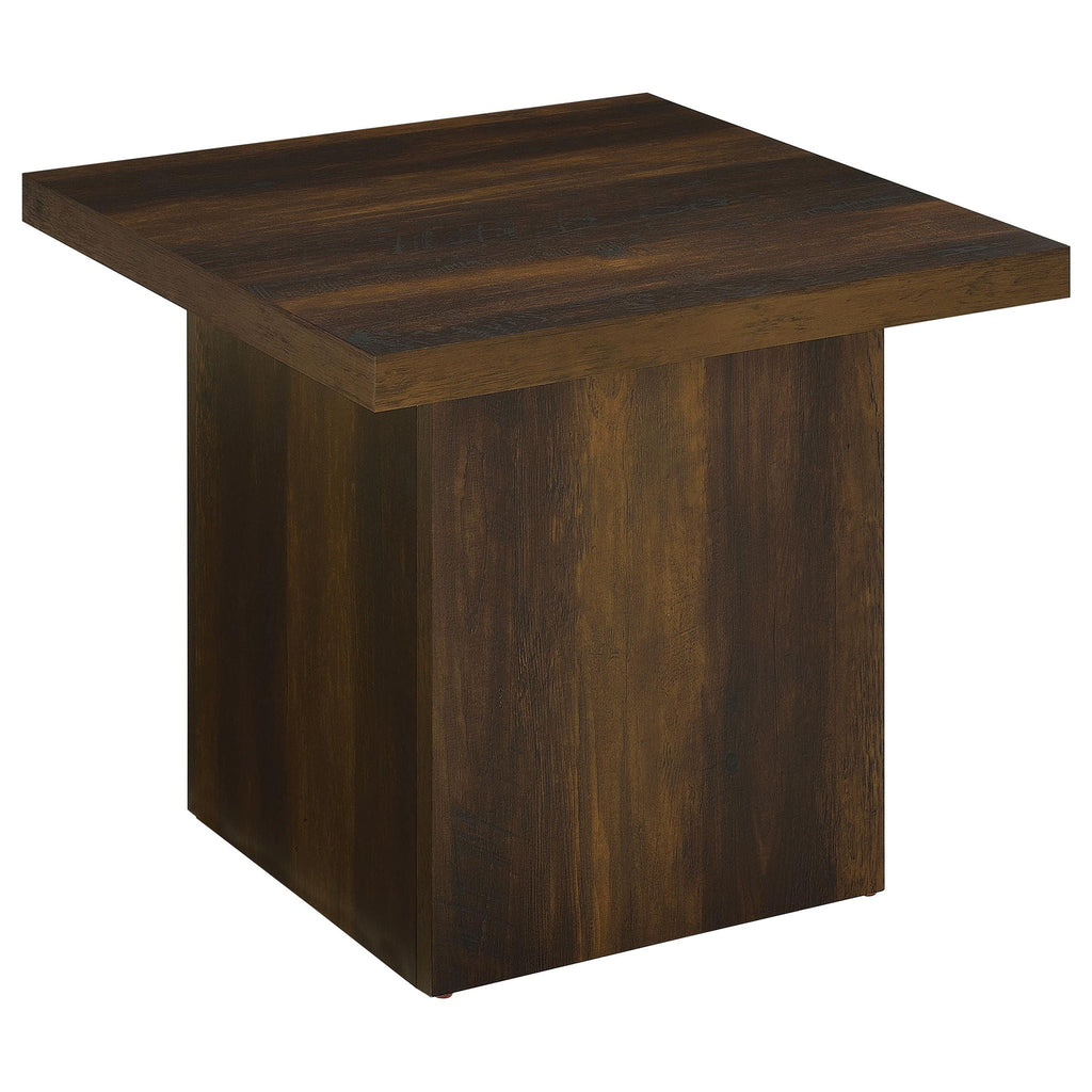 Square side table in dark pine with woodgrain top and straight paneled legs.