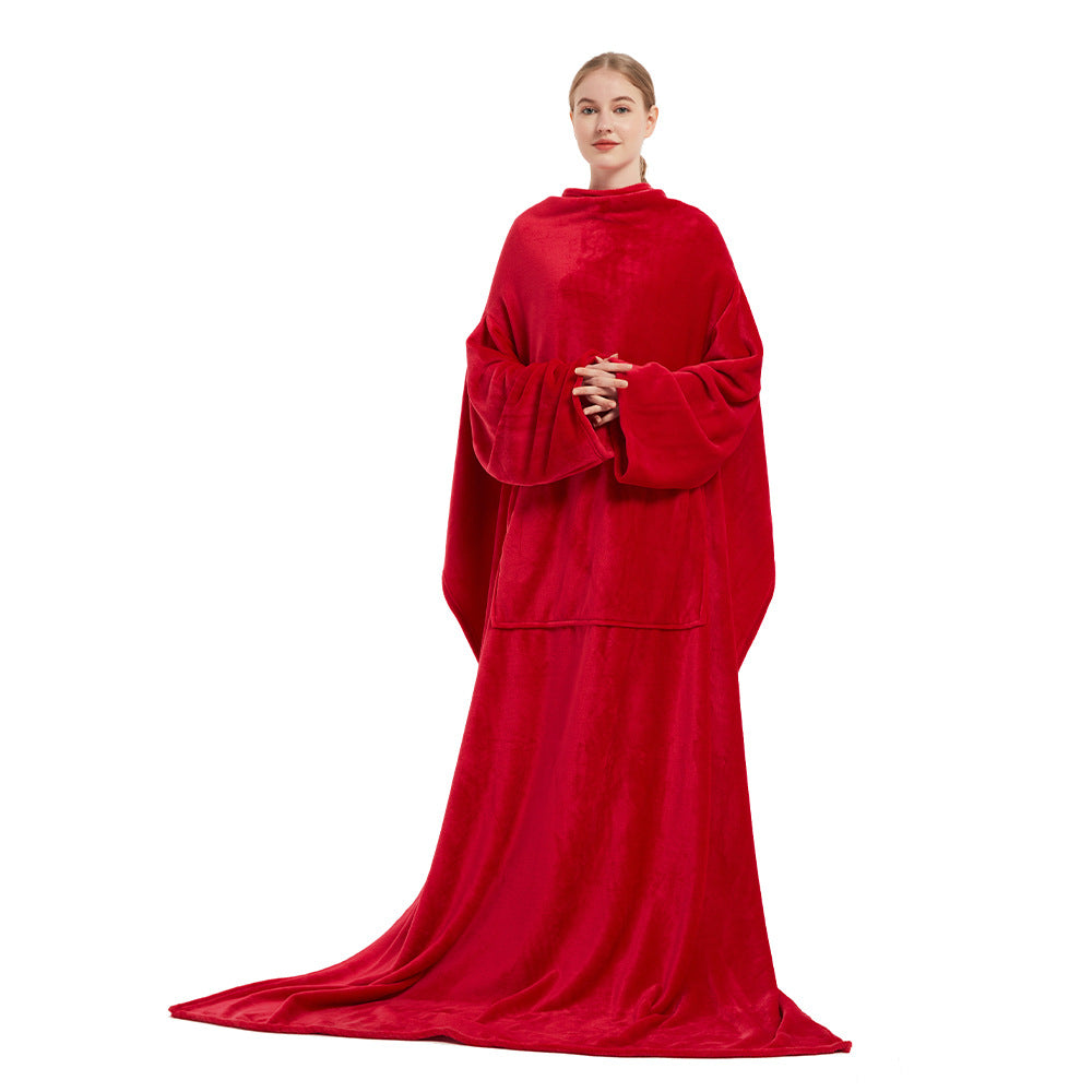 Red long plush robe blanket with hood and draped hem