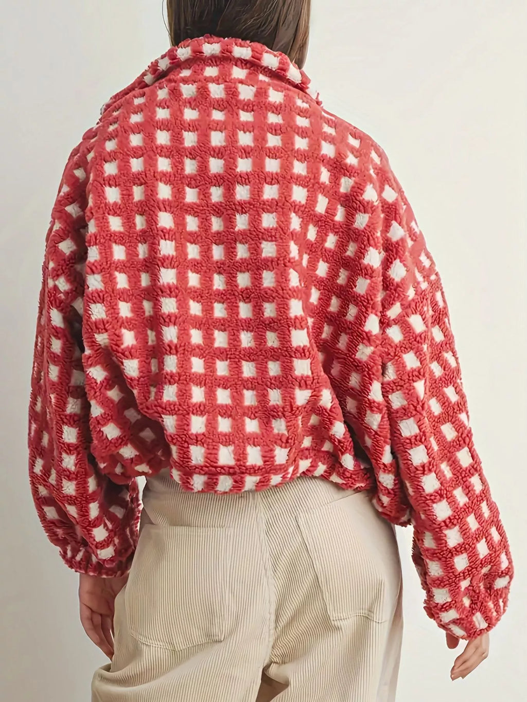 Red plaid sherpa zip-up jacket, back view with stand collar and chunky fleece texture