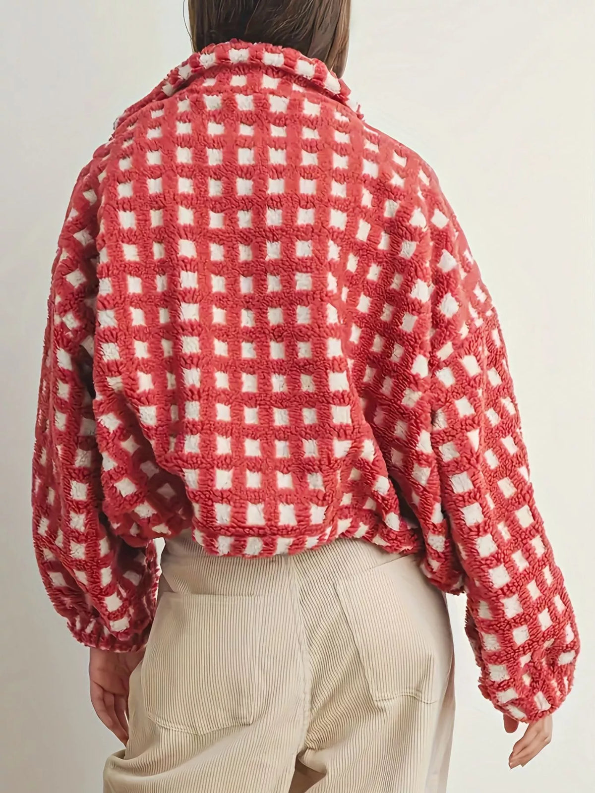 Red plaid sherpa zip-up jacket, back view with stand collar and chunky fleece texture