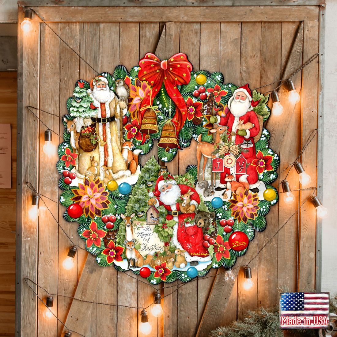 Christmas wreath with Santa and nutcracker figures, bells, poinsettias, and hanging lights