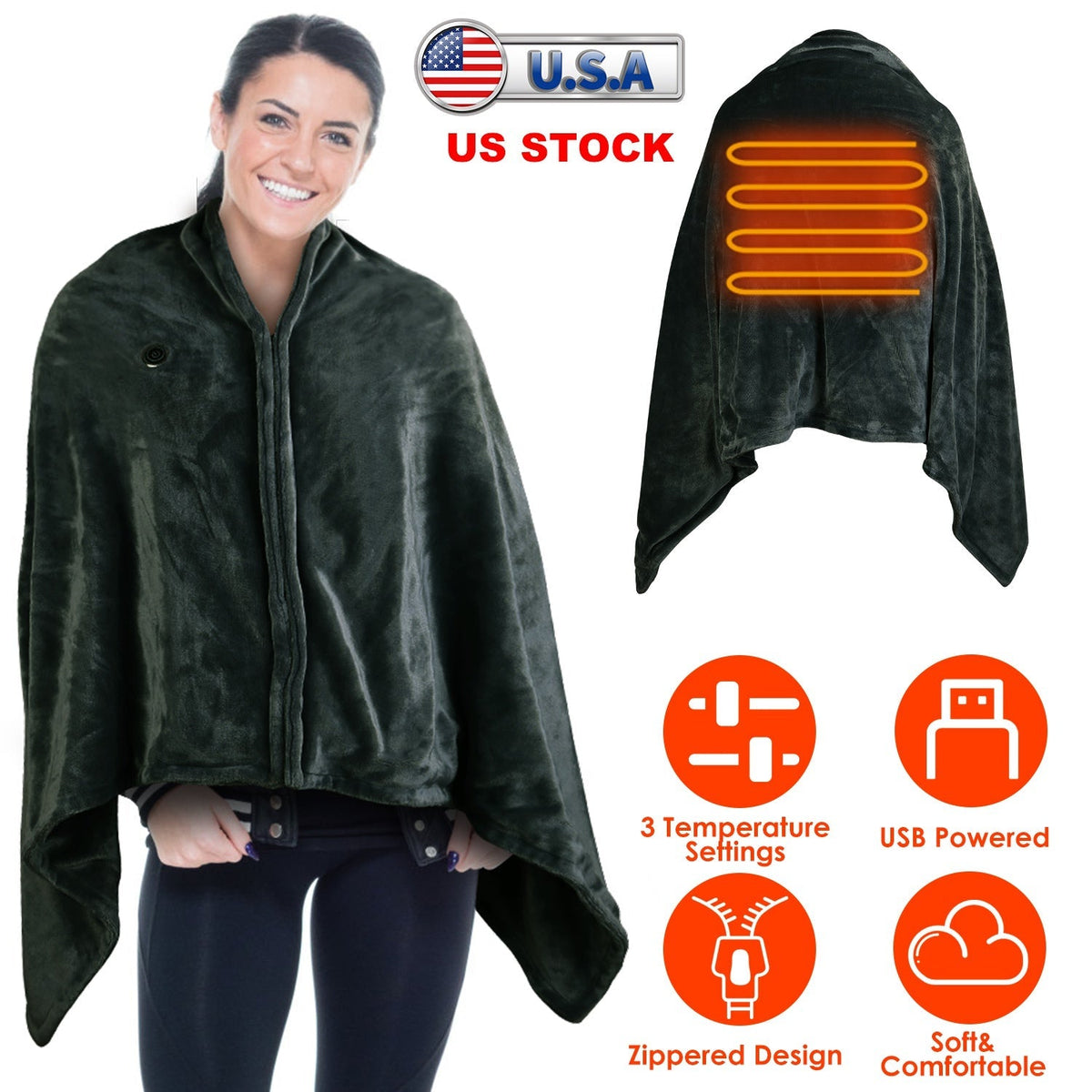 Hooded heated poncho in dark plush, zipper front and glowing heating panel on back