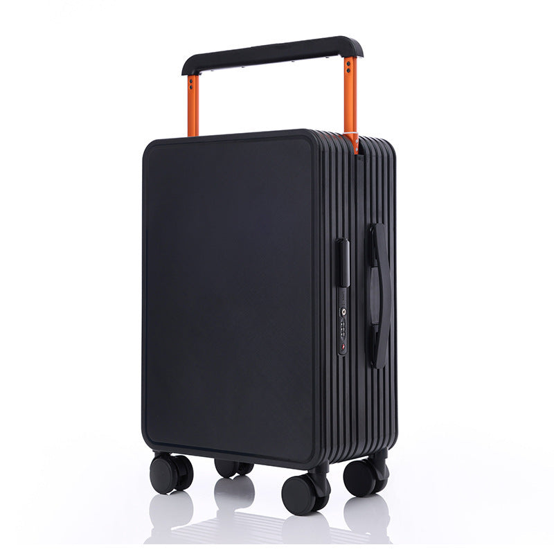 Hard-shell carry-on luggage in black with telescoping handle and four wheels