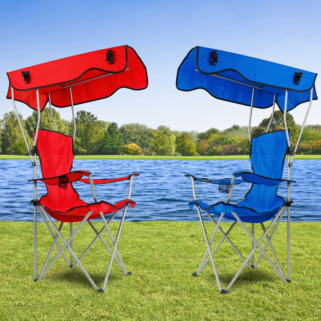 Set of two foldable beach canopy chairs: red and blue sunshades with padded seats