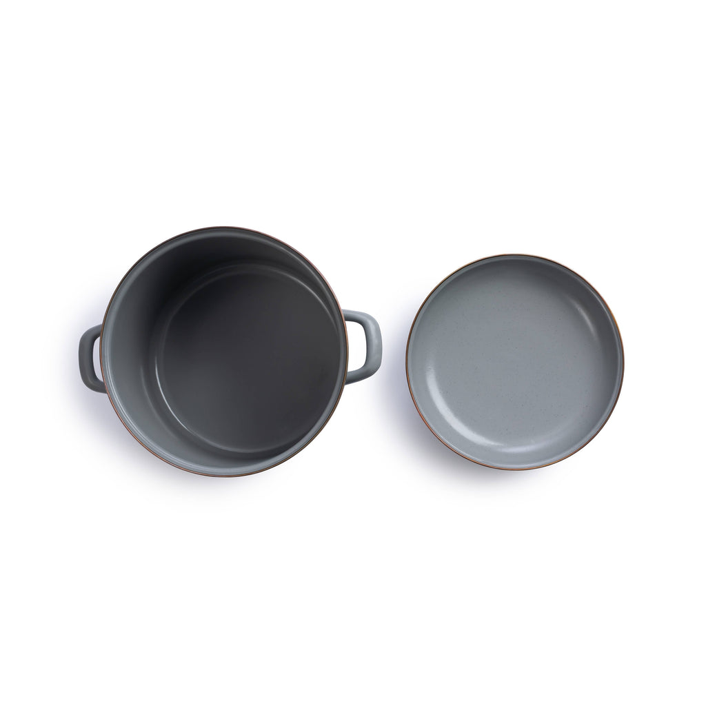 Enamel stock pot interior and exterior view, dark gray enamel with handles