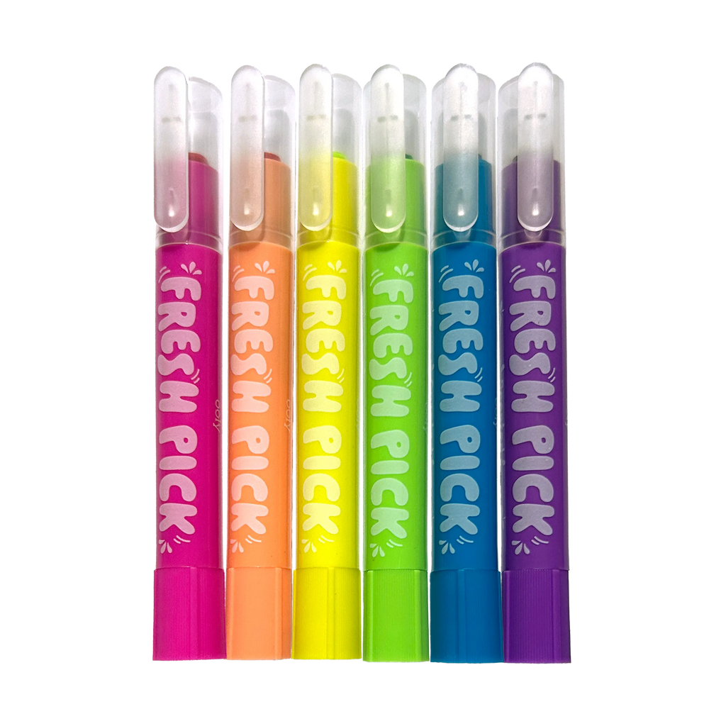 6 neon gel crayons with clear caps in purple, blue, green, yellow, orange tones