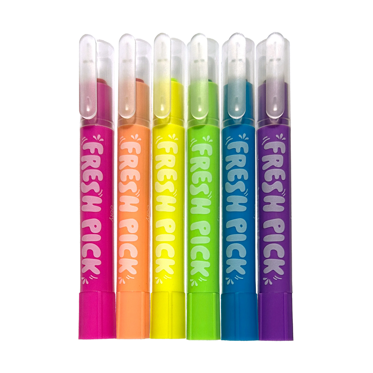 6 neon gel crayons with clear caps in purple, blue, green, yellow, orange tones