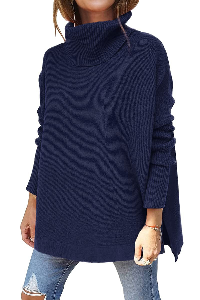 Navy blue ribbed knit turtleneck tunic sweater, batwing sleeves, side slit hem