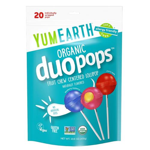 Organic duo pops candy bag with fruit chew center lollipops, 20 individually wrapped