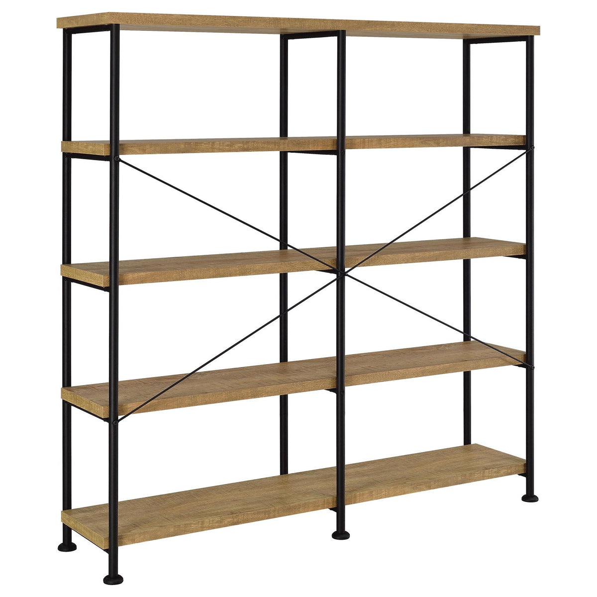 Angled view of 4-shelf double bookshelf with black frame and mango wood shelves