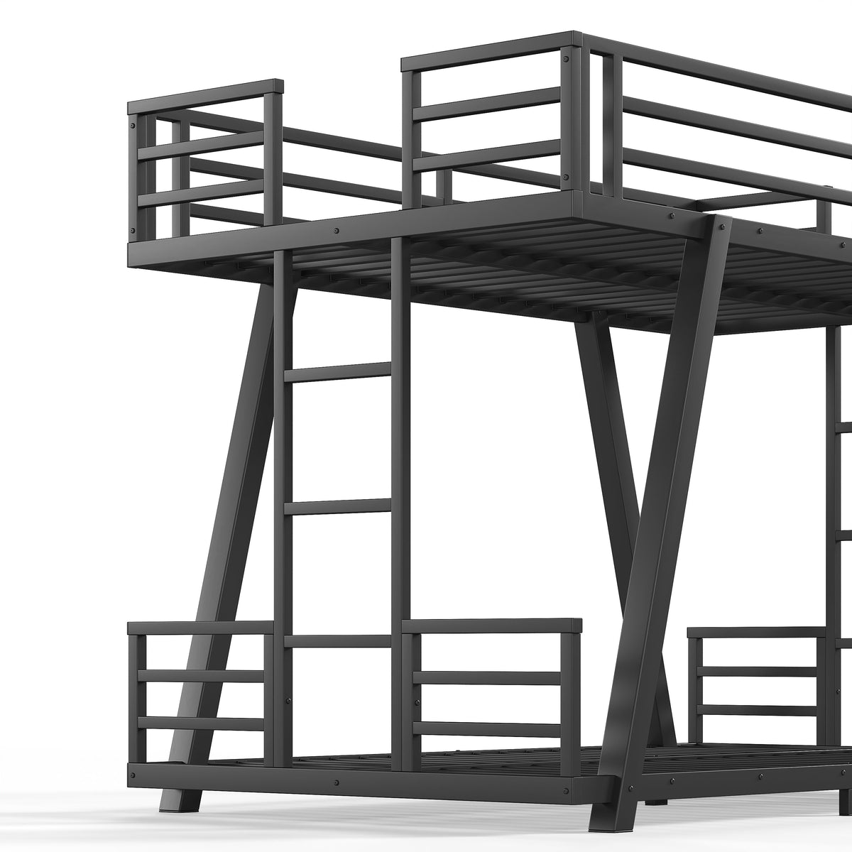 Black metal twin-over-twin bunk bed with side ladders and angled support legs