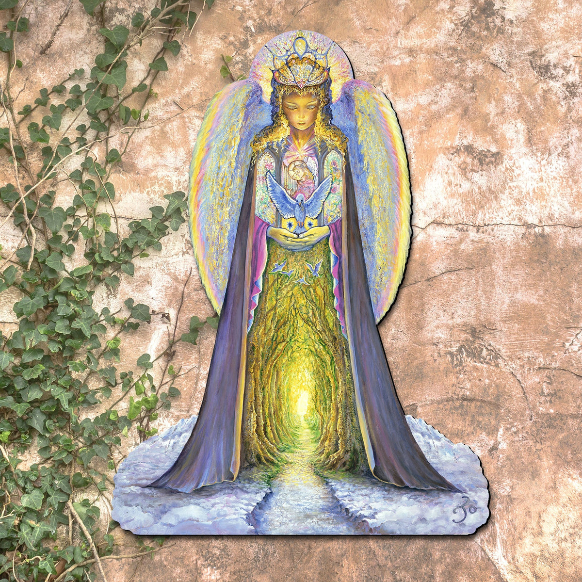Outdoor angel yard sign featuring a golden-robed figure with blue wings