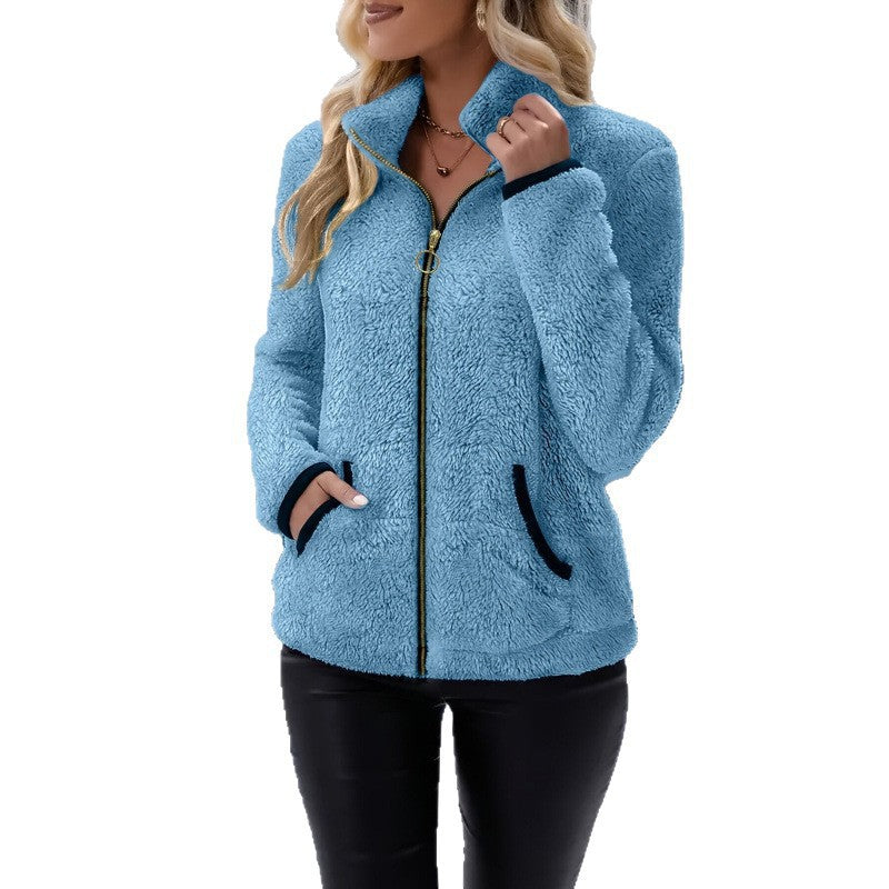 Blue fleece zip-up cardigan with hood, front zipper, long sleeves