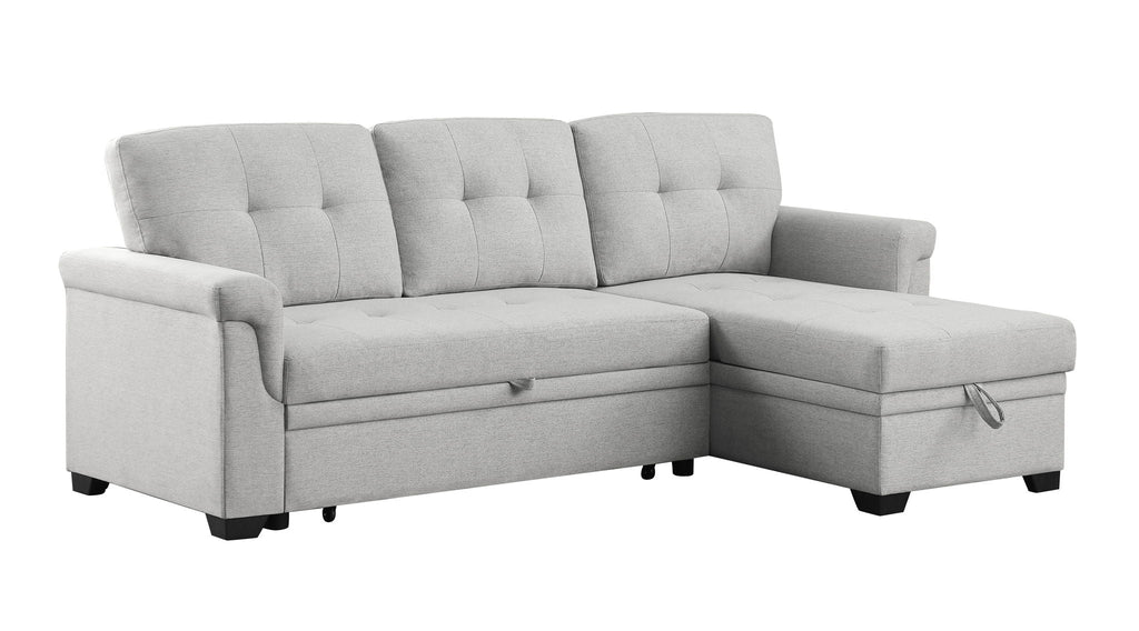 Light gray corner sectional sleeper sofa with storage chaise and tufted seat cushions