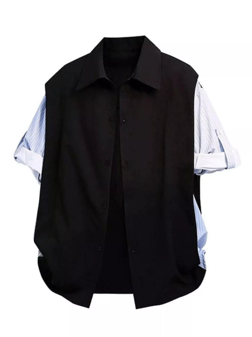 Men's short-sleeve button-up shirt with black front and striped light-blue sleeves