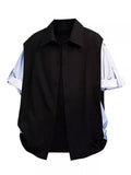 Men's short-sleeve button-up shirt with black front and striped light-blue sleeves
